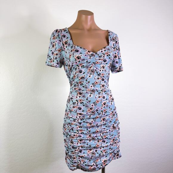 Good Luck Gem Sweetheart Neck Bodycon Floral Mini Dress Light Blue y2k 90s S NWT - Picture 2 of 12